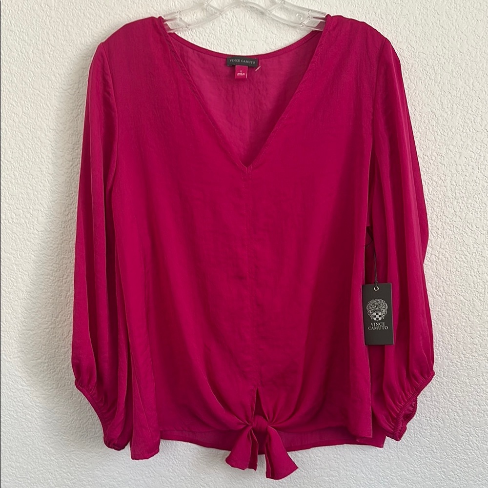 Vince Camuto Fuschia Pink V Neck Blouse with Tie Front L